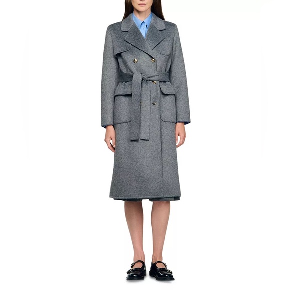 Sandro Jackets & Blazers - Sandro Wool Gray Double Faced  Check Belted Trench Coat US4/FR36